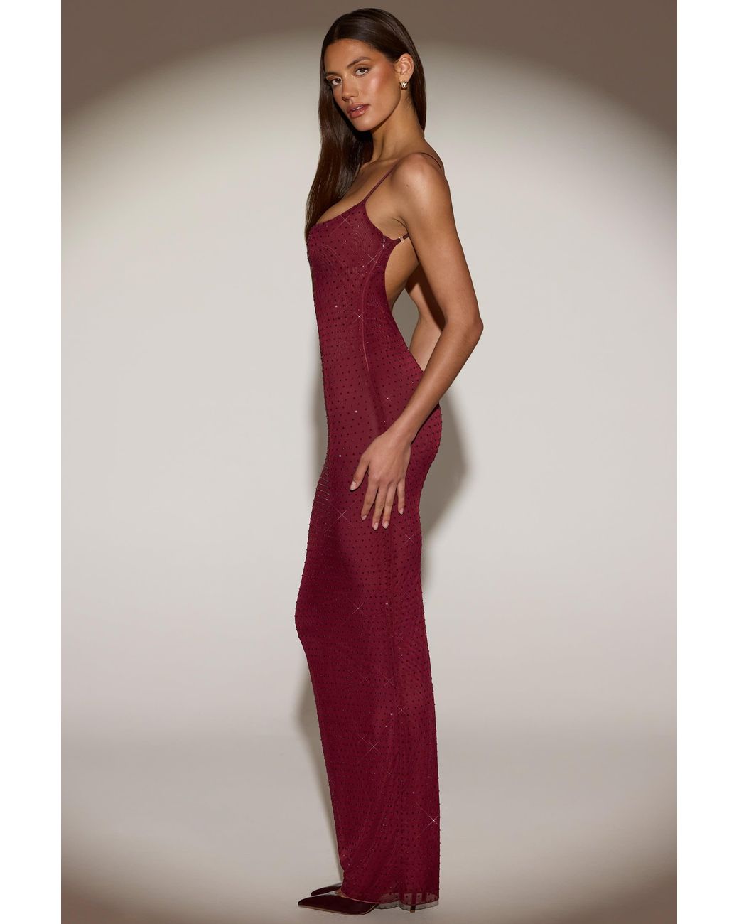 Oh Polly Red Sheer Embellished Backless Maxi Dress