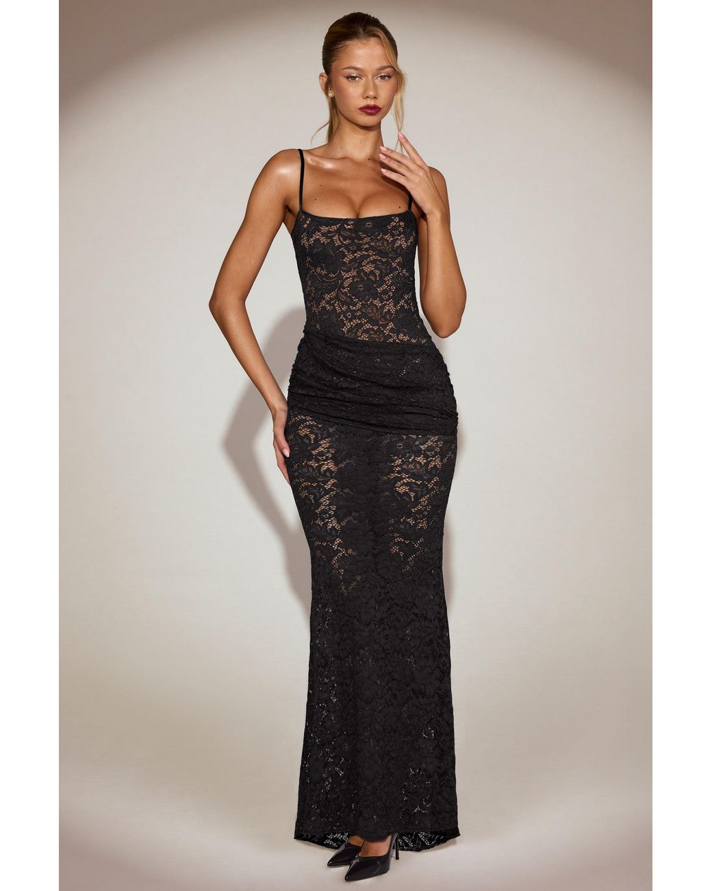 Oh Polly Black Sheer Lace Square-Neck Ruched Gown