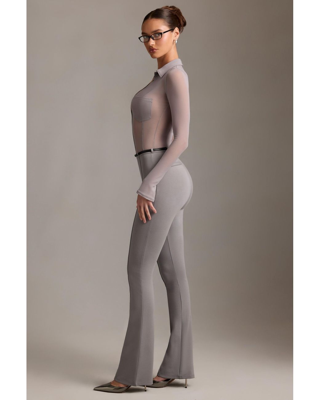 Oh Polly Gray Low-Rise Flared Trousers