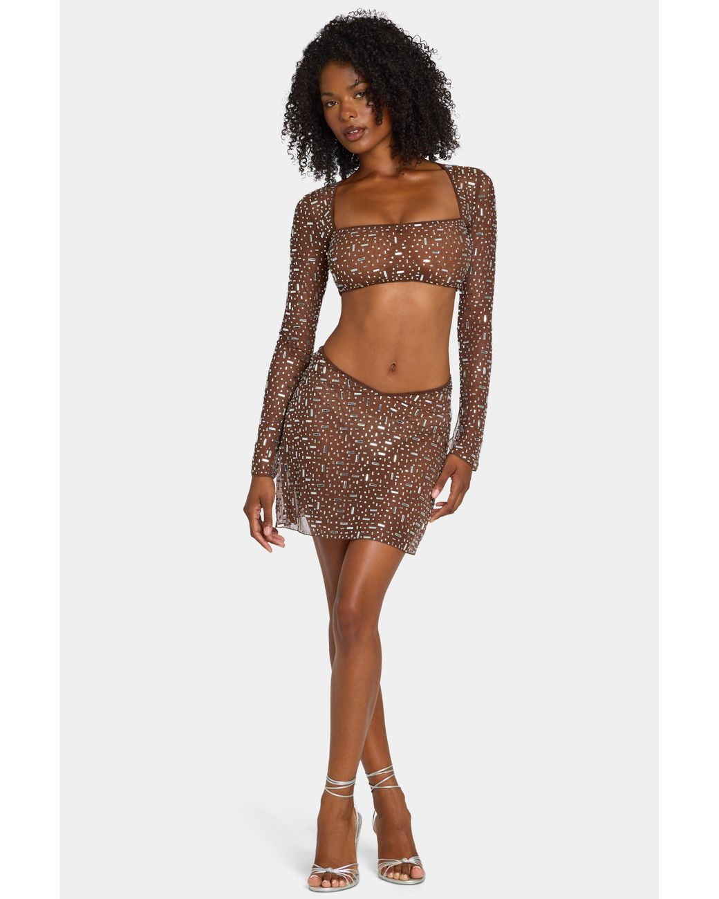 Oh Polly Brown Sheer Embellished V Waist Mini Skirt