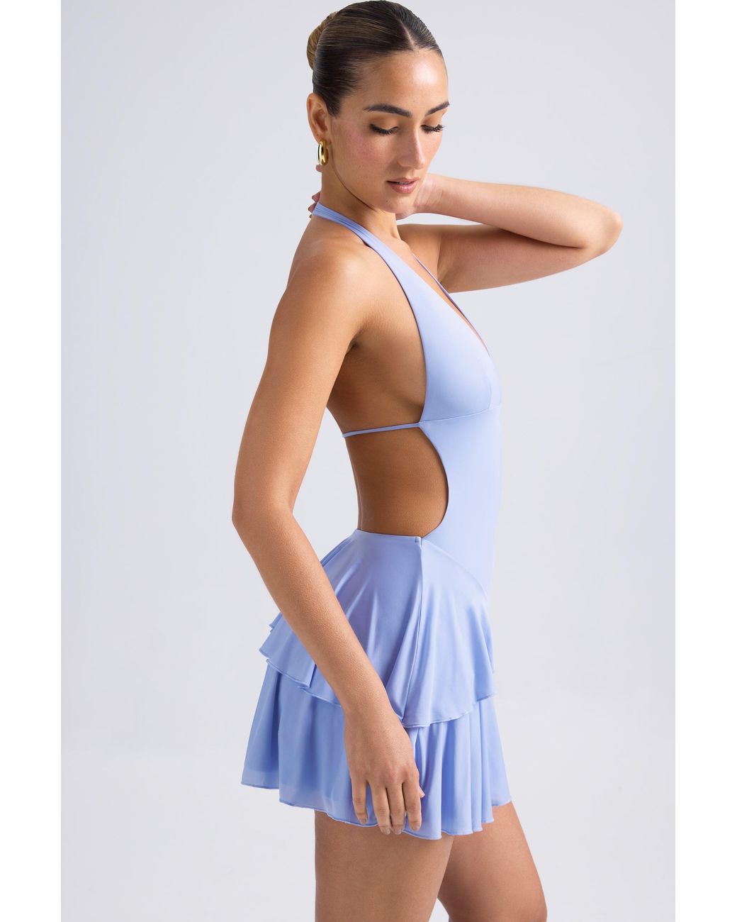 Oh Polly Blue Ruffled Cut-Out Halterneck Mini Dress