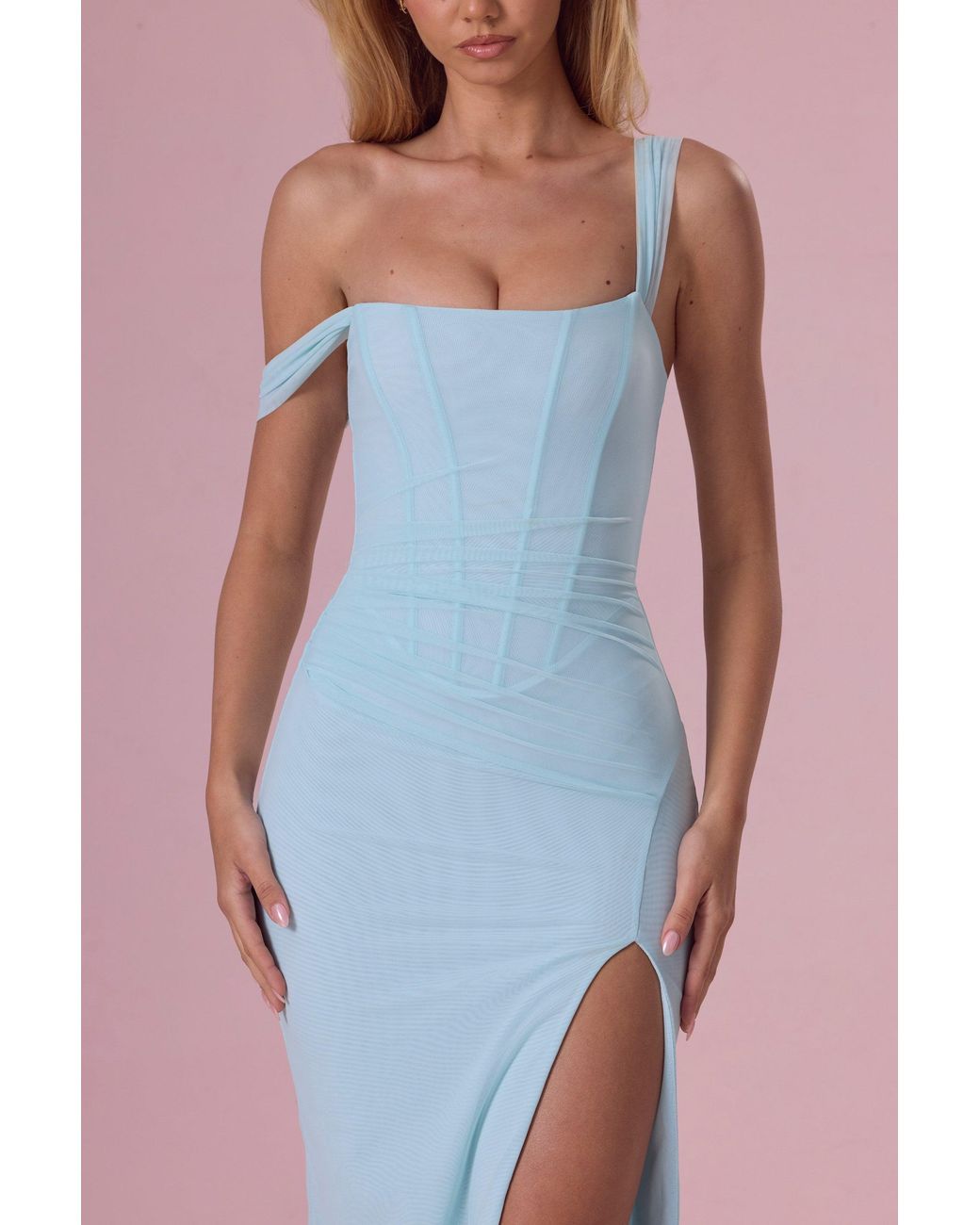 Oh Polly Blue Mesh Draped Corset Gown