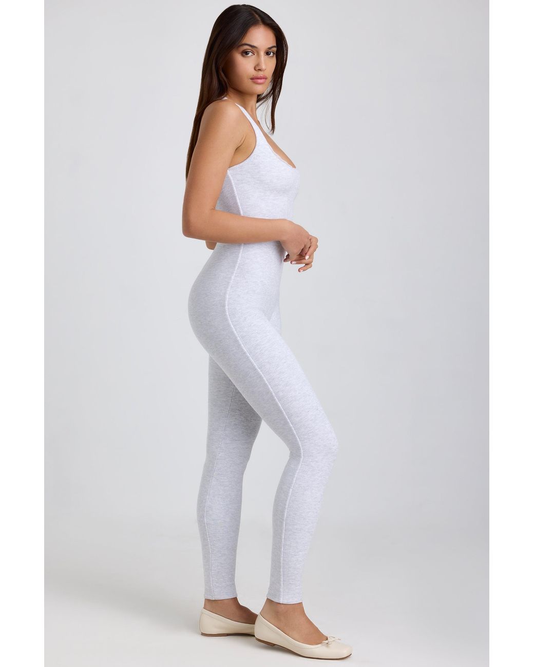 Oh Polly Gray Ribbed Modal Lace-Trim Jumpsuit