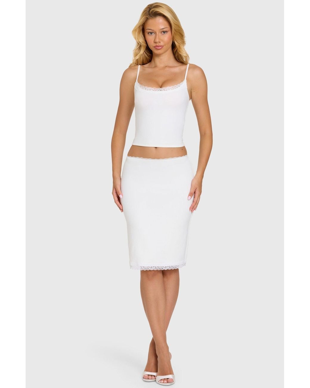 Oh Polly White Modal Lace-Trim Midi Skirt