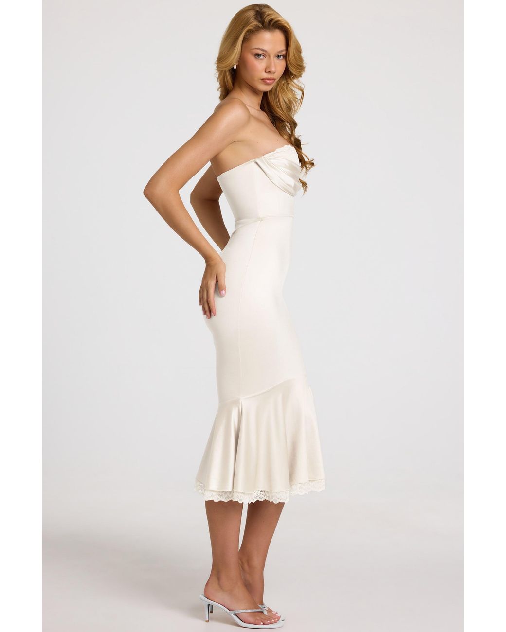Oh Polly White Satin Lace-Trim Bandeau Fluted Midaxi Dress
