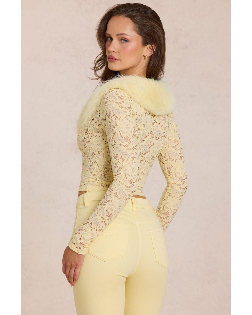 Oh Polly Yellow Lace Faux-Fur-Trim Cardigan