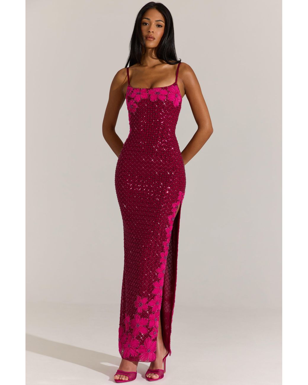 Oh Polly Red Embellished Square-Neck Maxi Dress