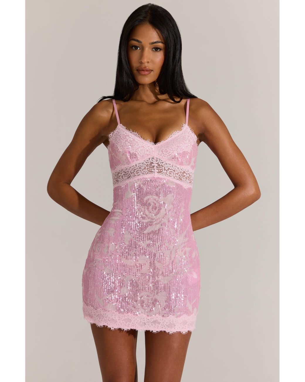 Oh Polly Pink Embellished Lace-Trim Mini Dress