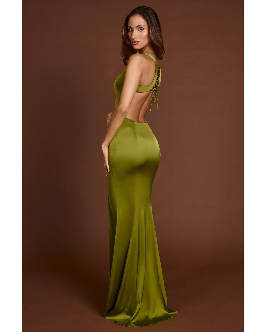 Oh Polly Green Scoop-Neck Lace-Up Back Maxi Dress