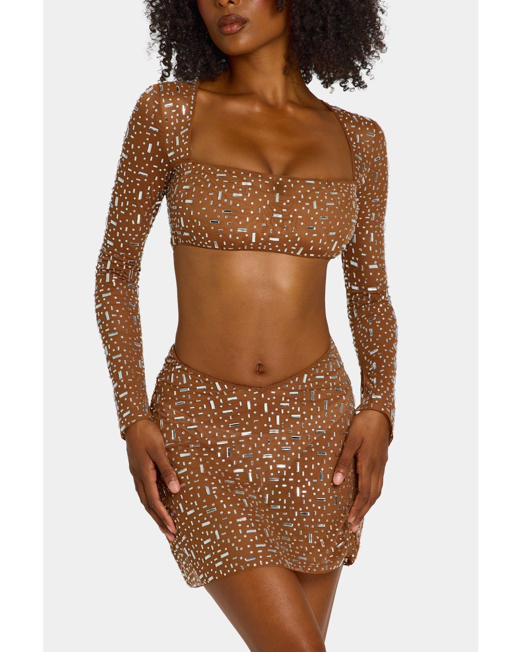 Oh Polly Brown Sheer Embellished V Waist Mini Skirt