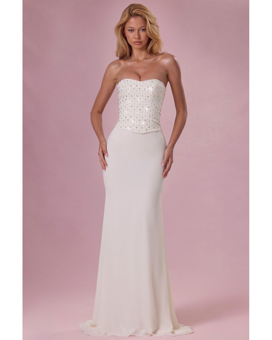 Oh Polly White Embellished Corset Strapless Gown