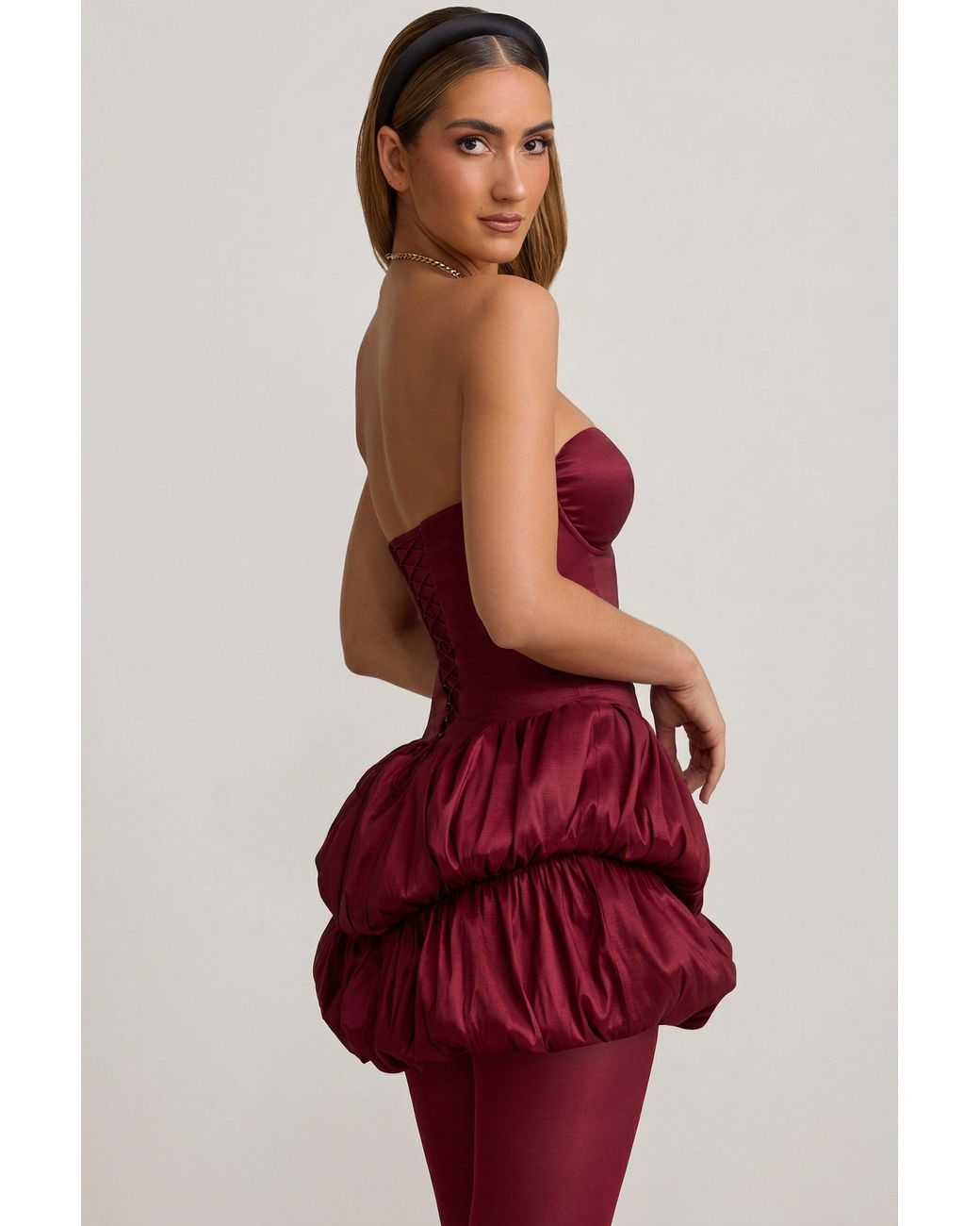 Oh Polly Red Satin Bubble Hem Corset Mini Dress