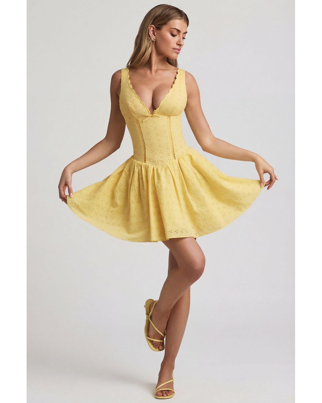 Oh Polly Yellow Broderie Anglaise Bow-Detail A-Line Mini Dress