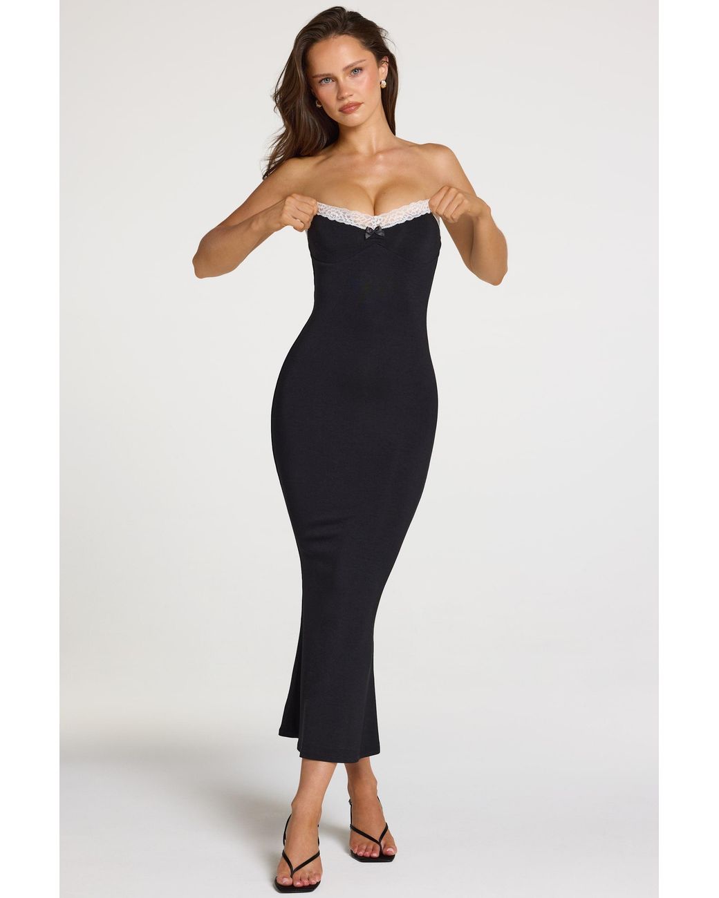 Oh Polly Black Modal Lace-Trim Midaxi Dress
