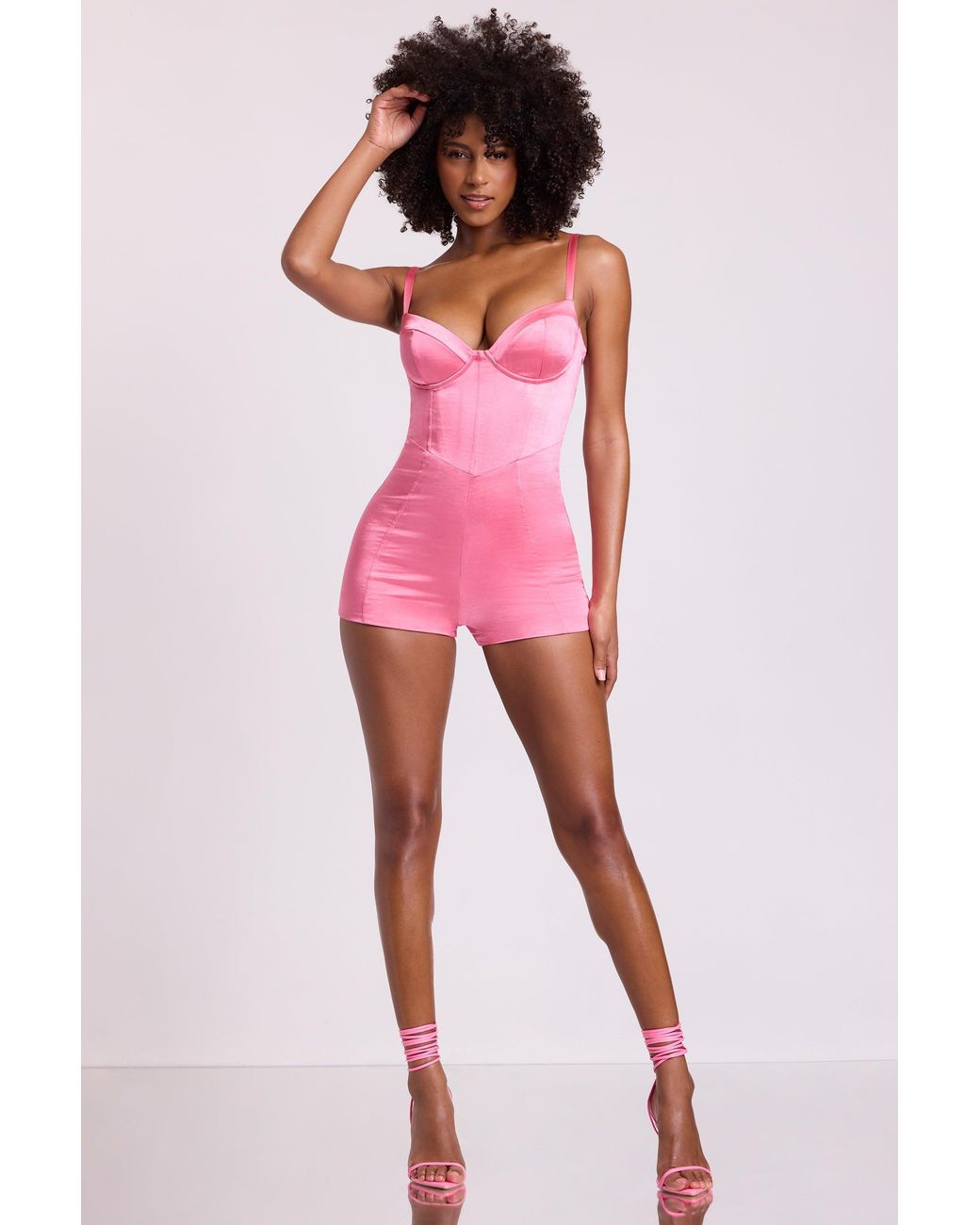 Oh Polly Pink Satin Corset Mini Playsuit