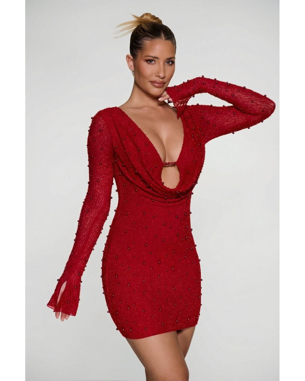 Oh Polly Red Long Sleeve Deep Plunge Mini Dress
