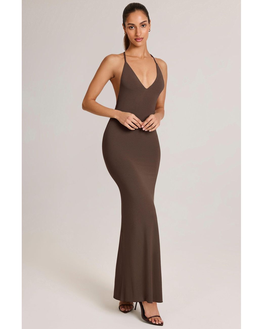 Oh Polly Brown Modal Plunge Backless Maxi Dress