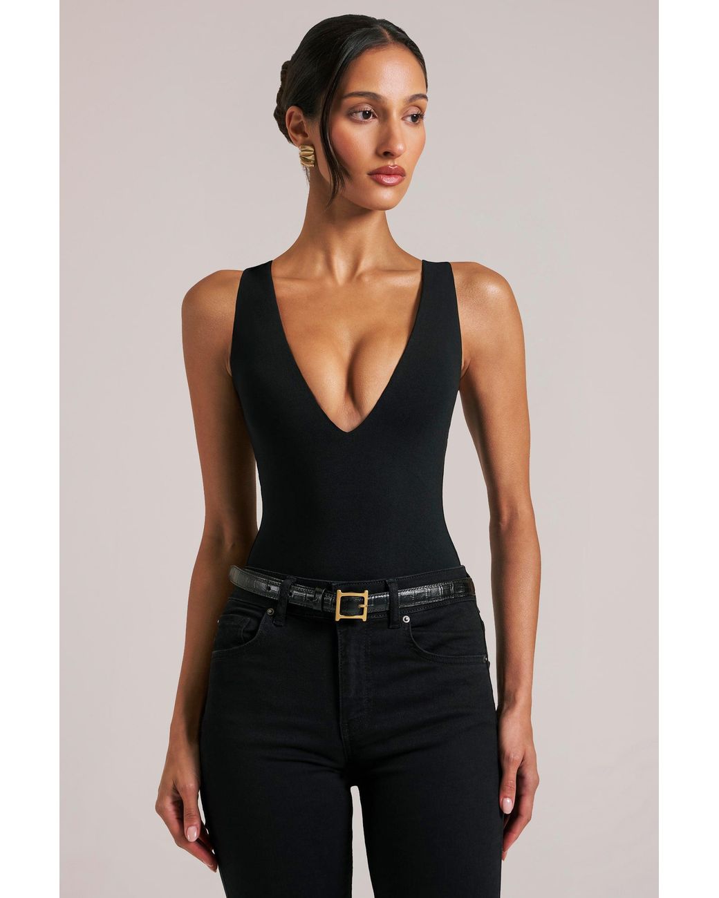 Oh Polly Black Deep Plunge Halterneck Bodysuit