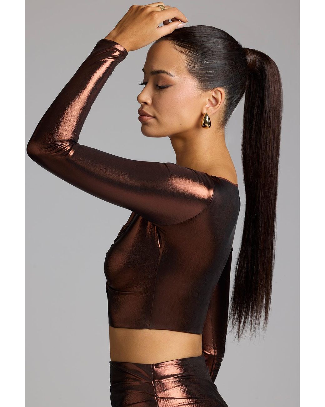 Oh Polly Metallic Plunge Neck Jersey Crop Top