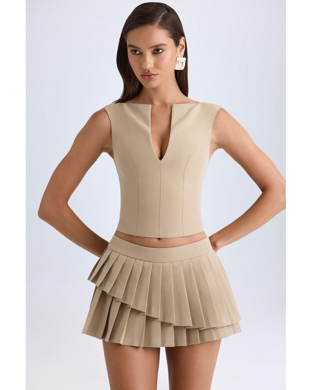 Oh Polly Natural Layered Pleated Low-Rise Mini Skirt