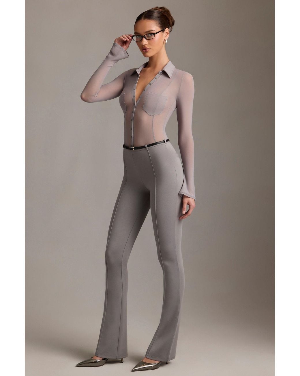 Oh Polly Gray Low-Rise Flared Trousers