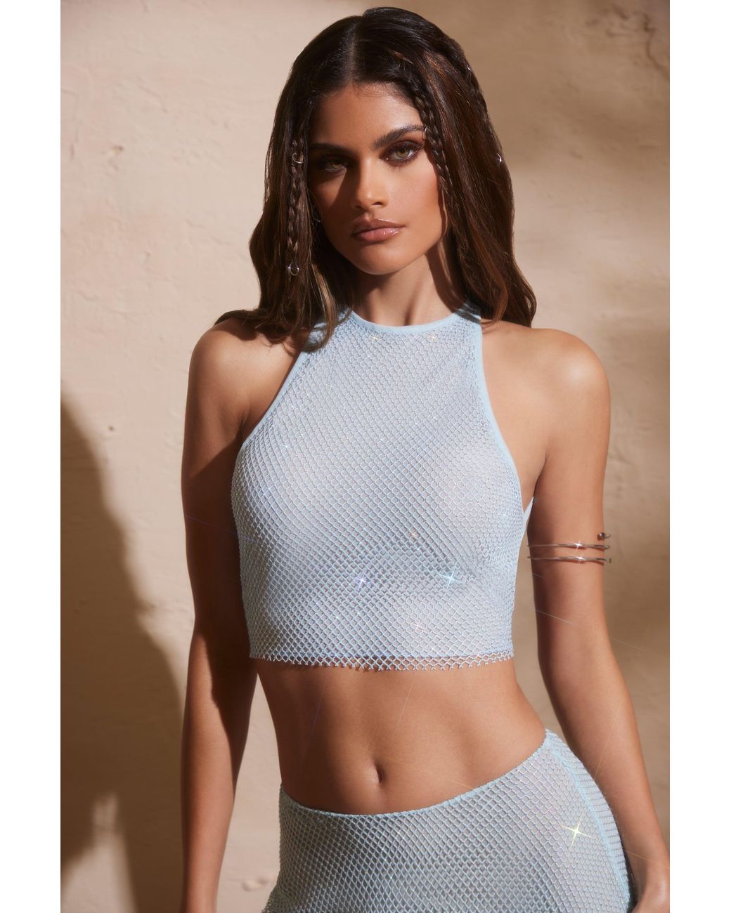 Oh Polly Blue Embellished Racer Neck Open Back Crop Top