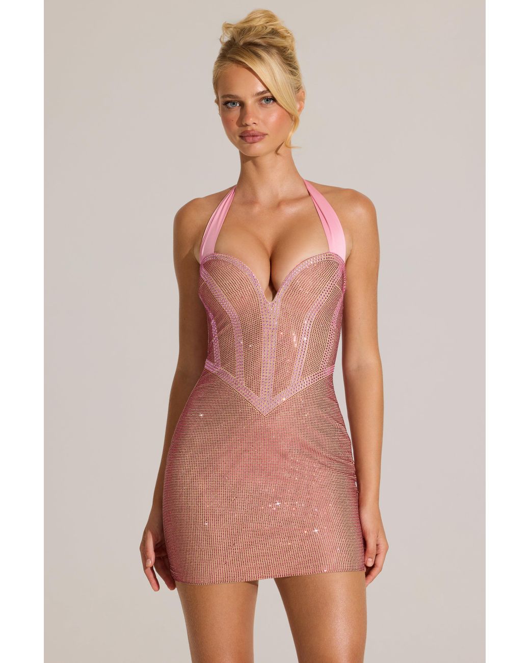 Oh Polly Pink Embellished Halterneck Mini Dress