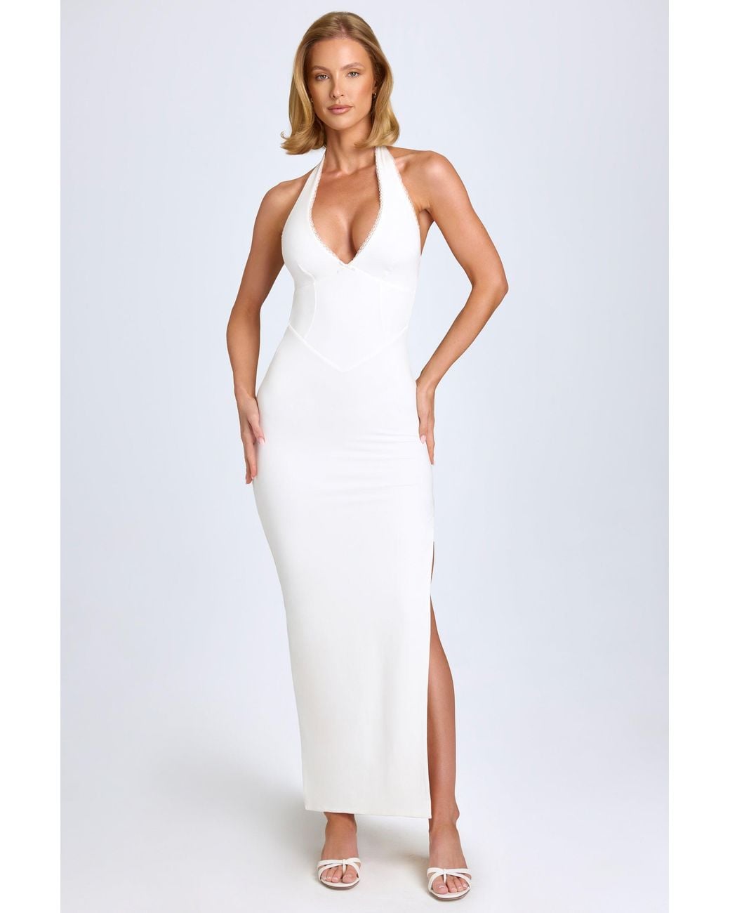 Oh Polly White Modal Lace-Trim Halterneck Maxi Dress