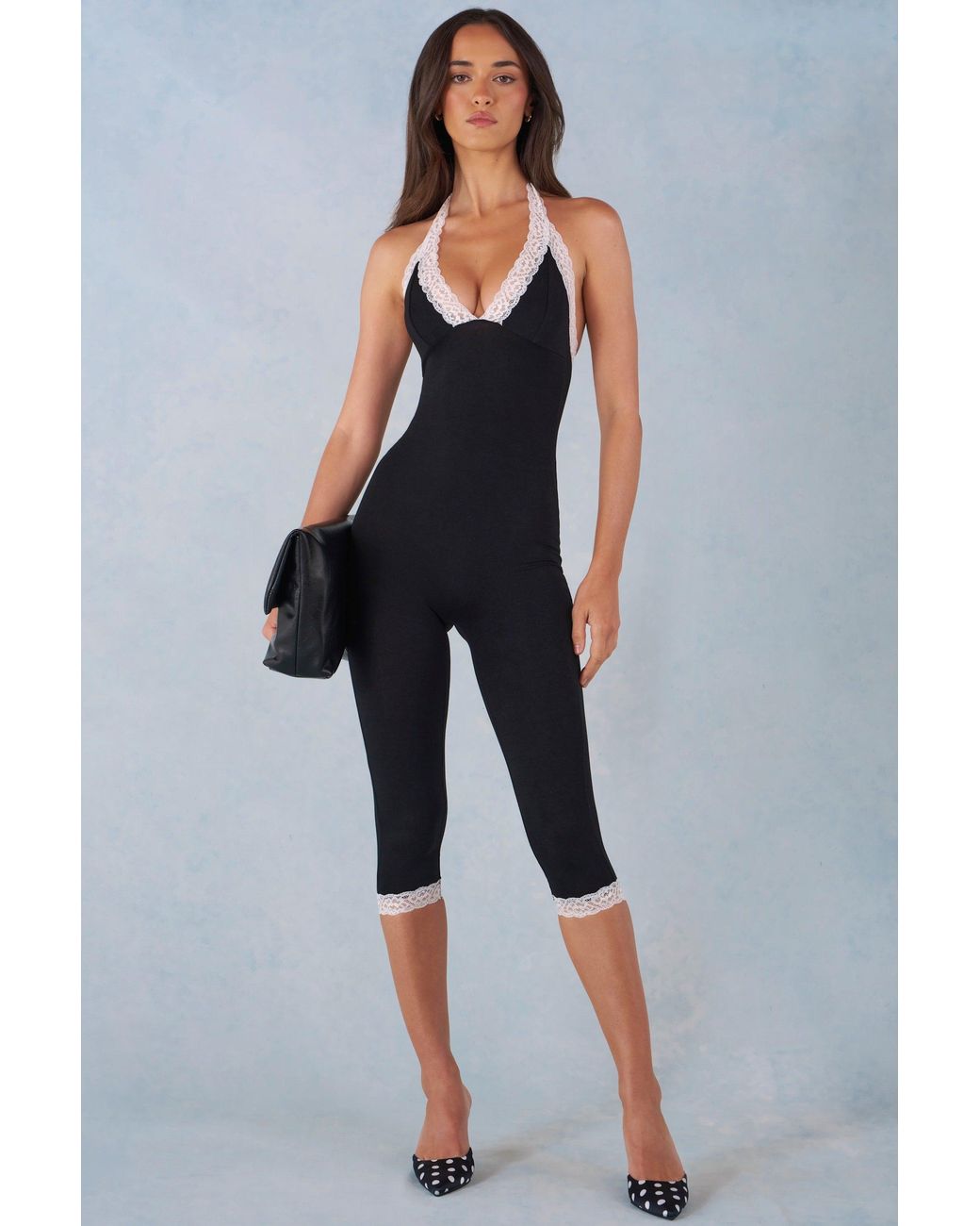 Oh Polly Black Modal Lace-Trim Capri Jumpsuit
