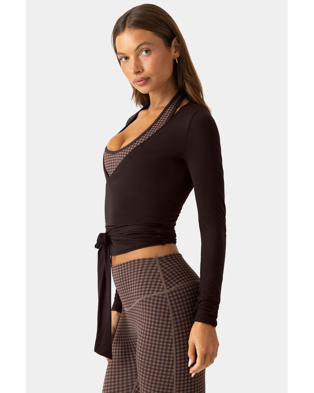 BO+TEE Brown Soft Jersey Wrap Top