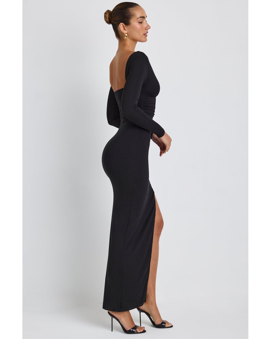 Oh Polly Black Modal Plunge Neck Long Sleeve Maxi Dress