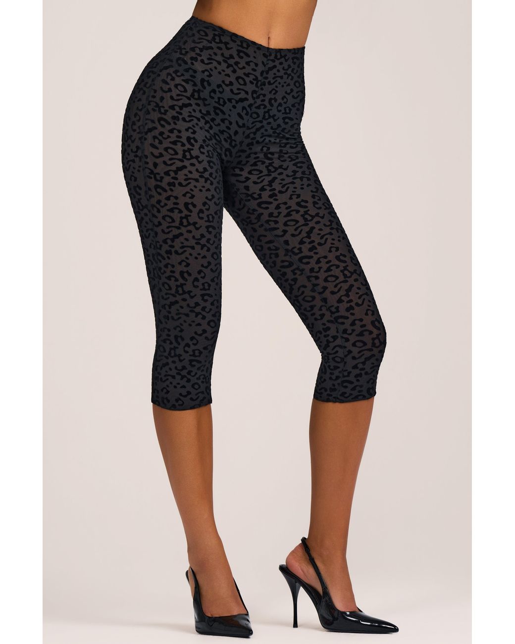 Oh Polly Black Flocked Leopard Mesh Capri Trousers