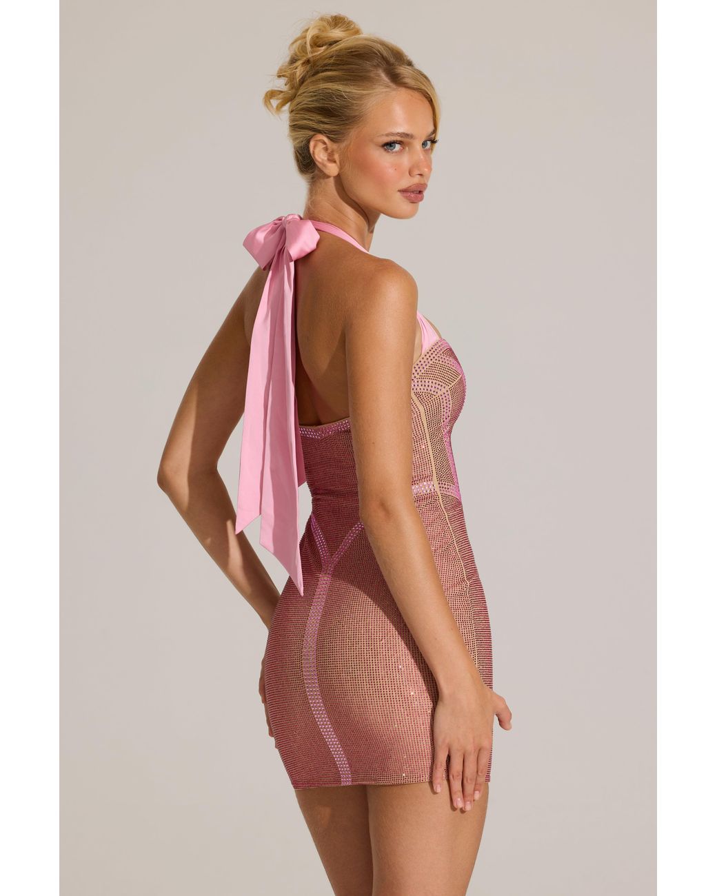 Oh Polly Pink Embellished Halterneck Mini Dress