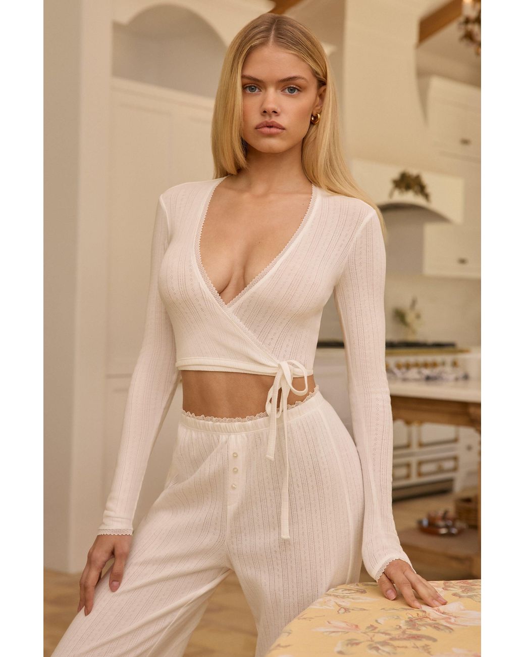 Oh Polly White Pointelle Wrap Crop Top