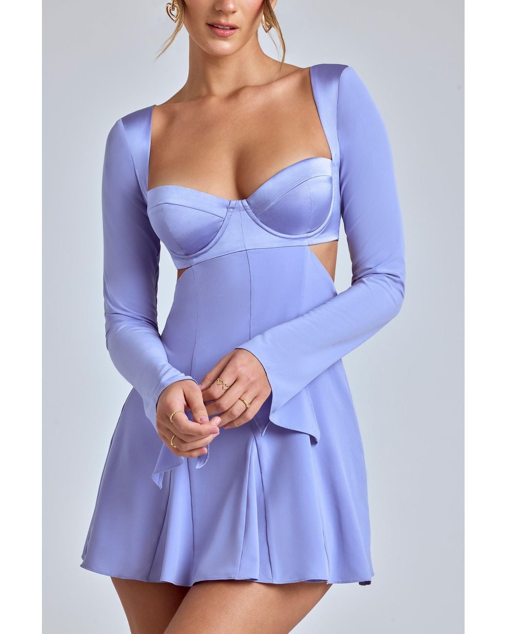 Oh Polly Blue Long Sleeve Godet Mini Dress