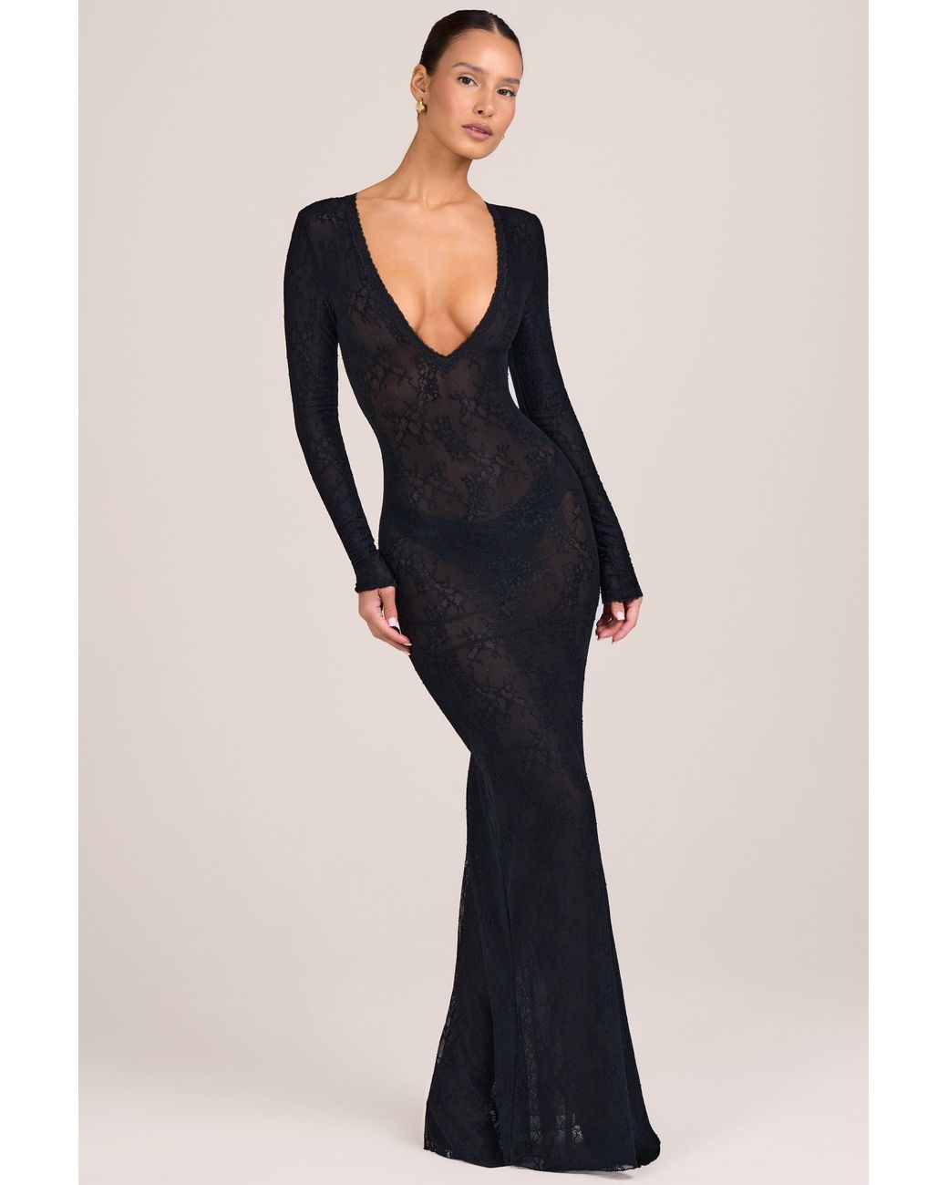 Oh Polly Black Lace Long-Sleeve Maxi Dress