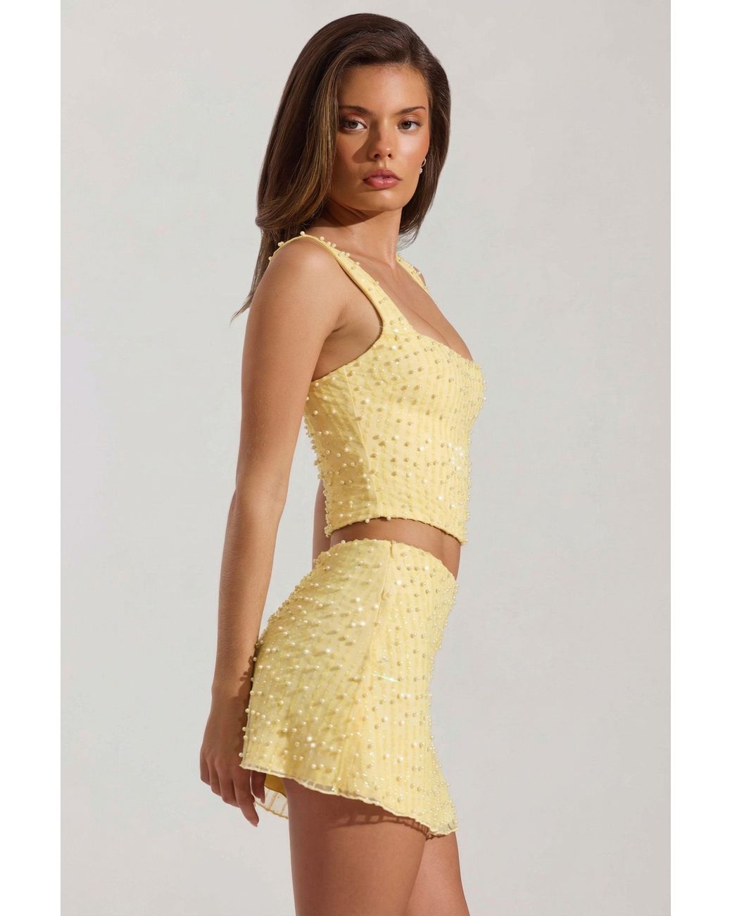 Oh Polly Yellow Embellished Square-Neck Crop Top
