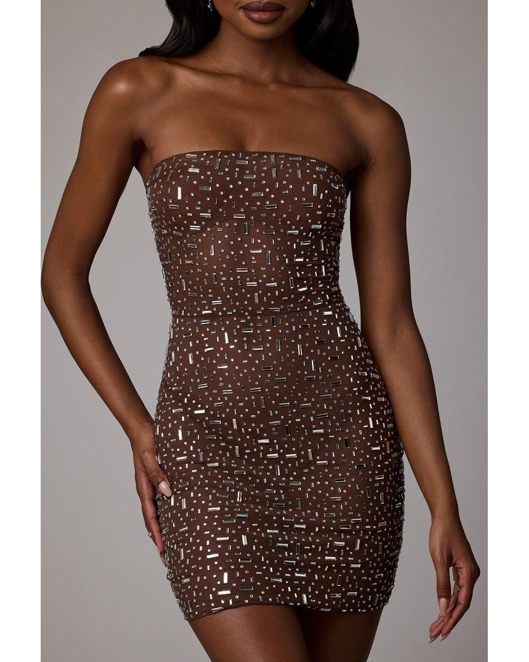 Oh Polly Brown Sheer Embellished Bodycon Mini Dress