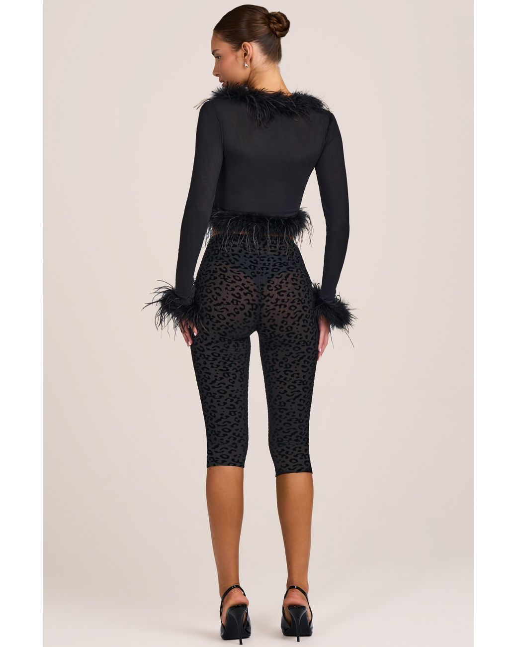 Oh Polly Black Flocked Leopard Mesh Capri Trousers