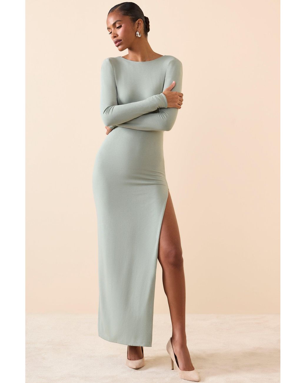 Oh Polly Green Long Sleeve Backless Maxi Dress
