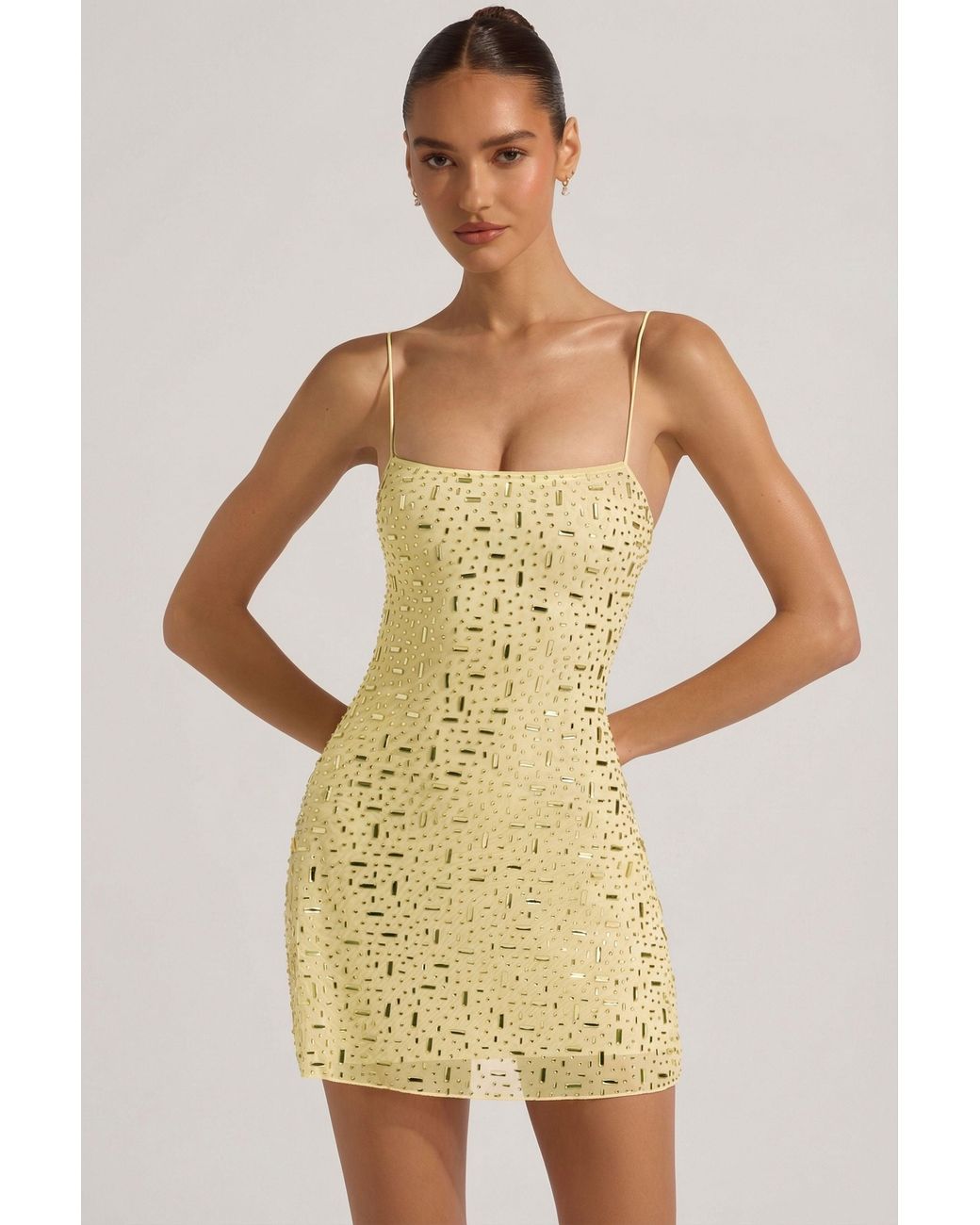 Oh Polly Yellow Sheer Embellished Square-Neck Mini Dress