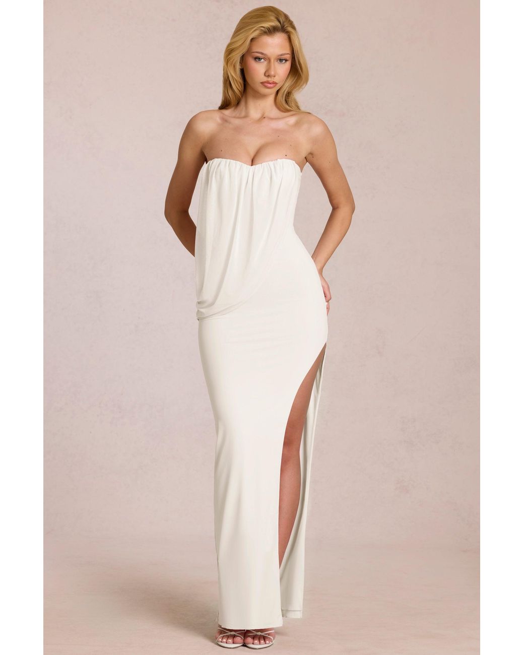 Oh Polly White Bandeau Draped Maxi Dress