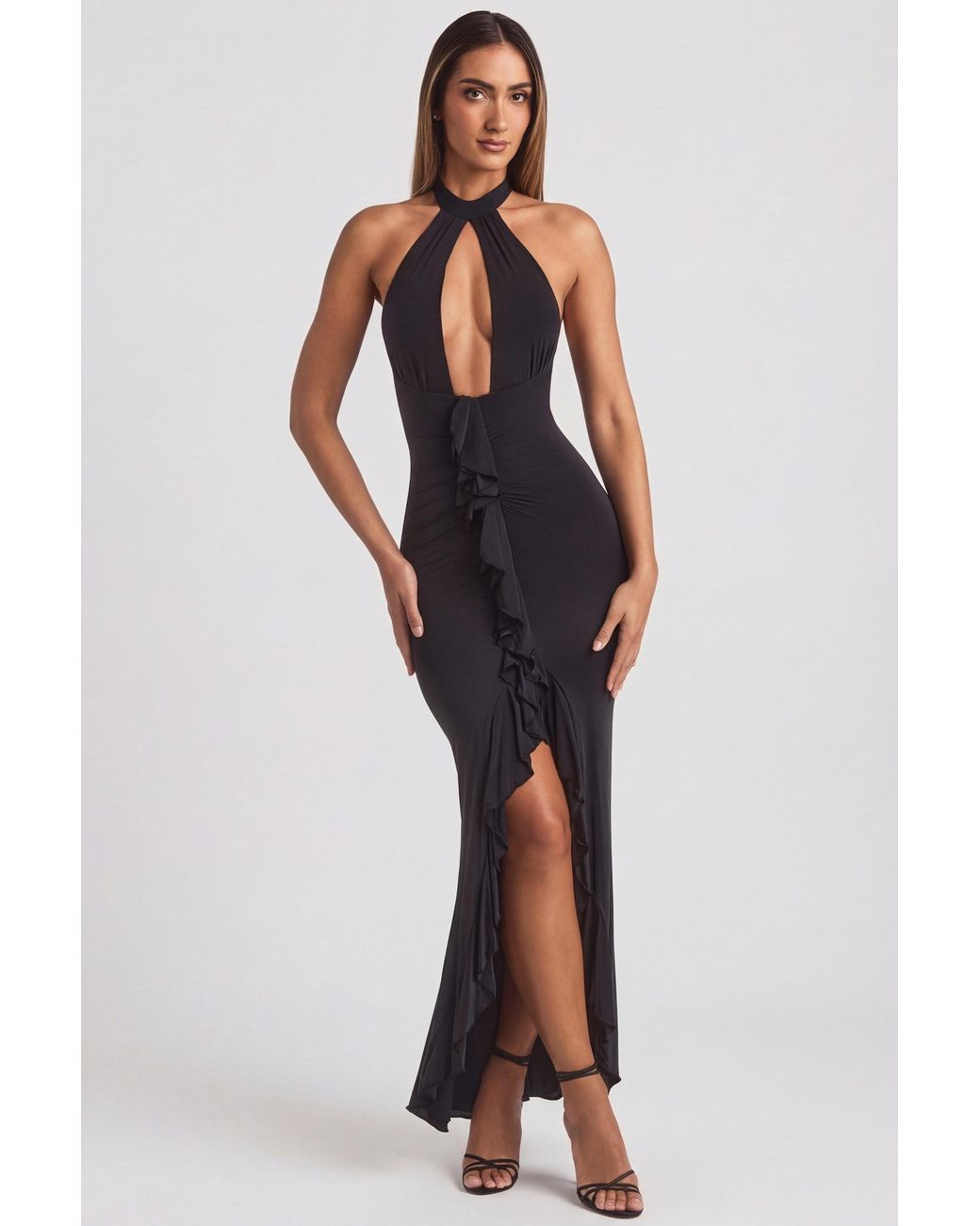 Oh Polly Black Ruffle-Trim Halterneck Gown