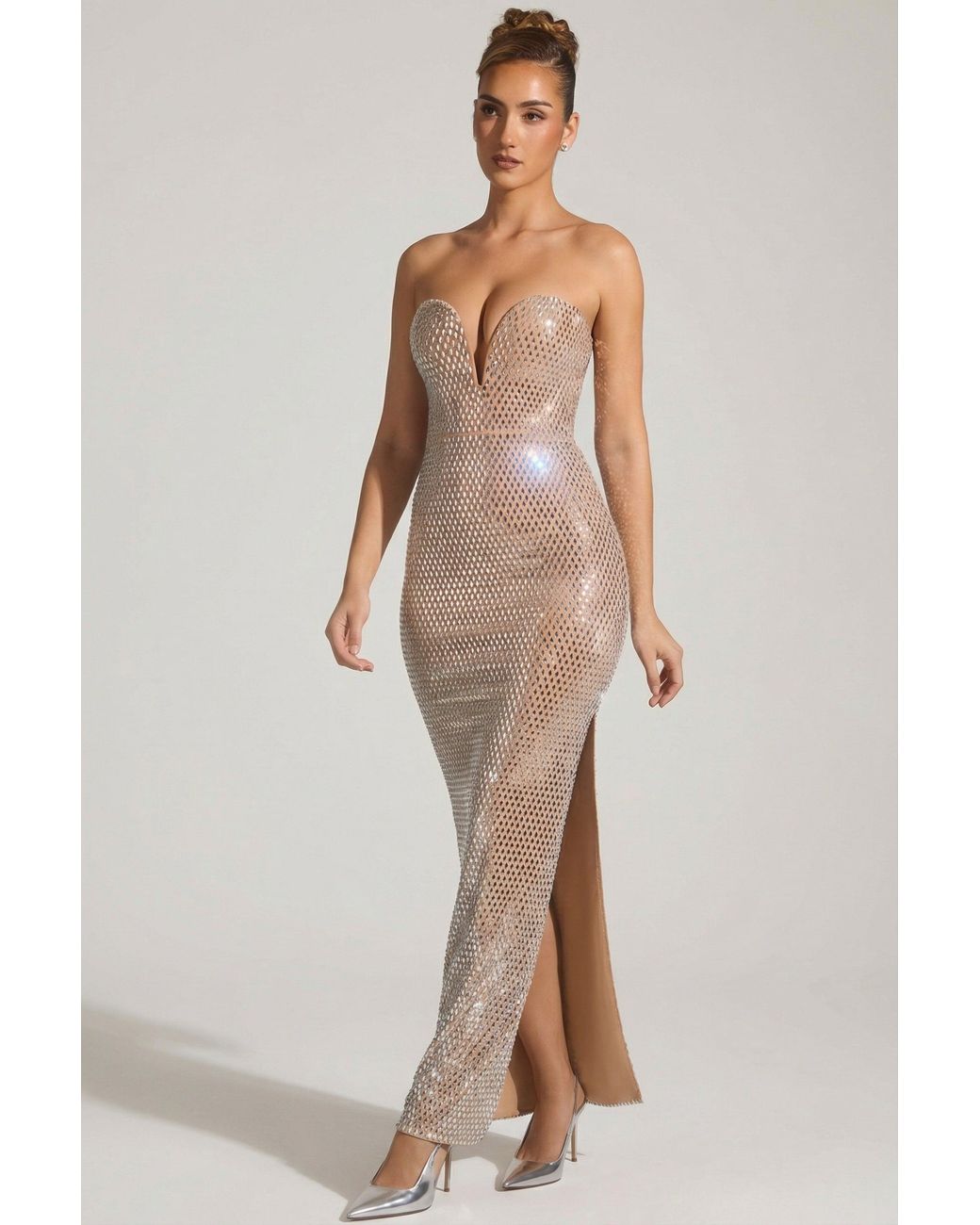 Oh Polly Natural Embellished Strapless Plunge Gown