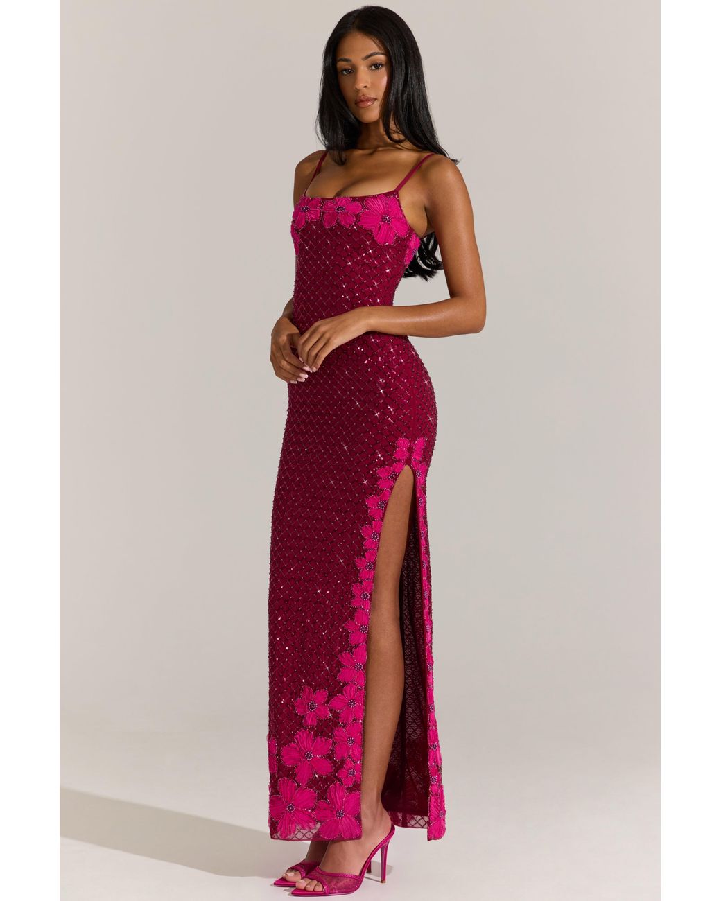 Oh Polly Red Embellished Square-Neck Maxi Dress