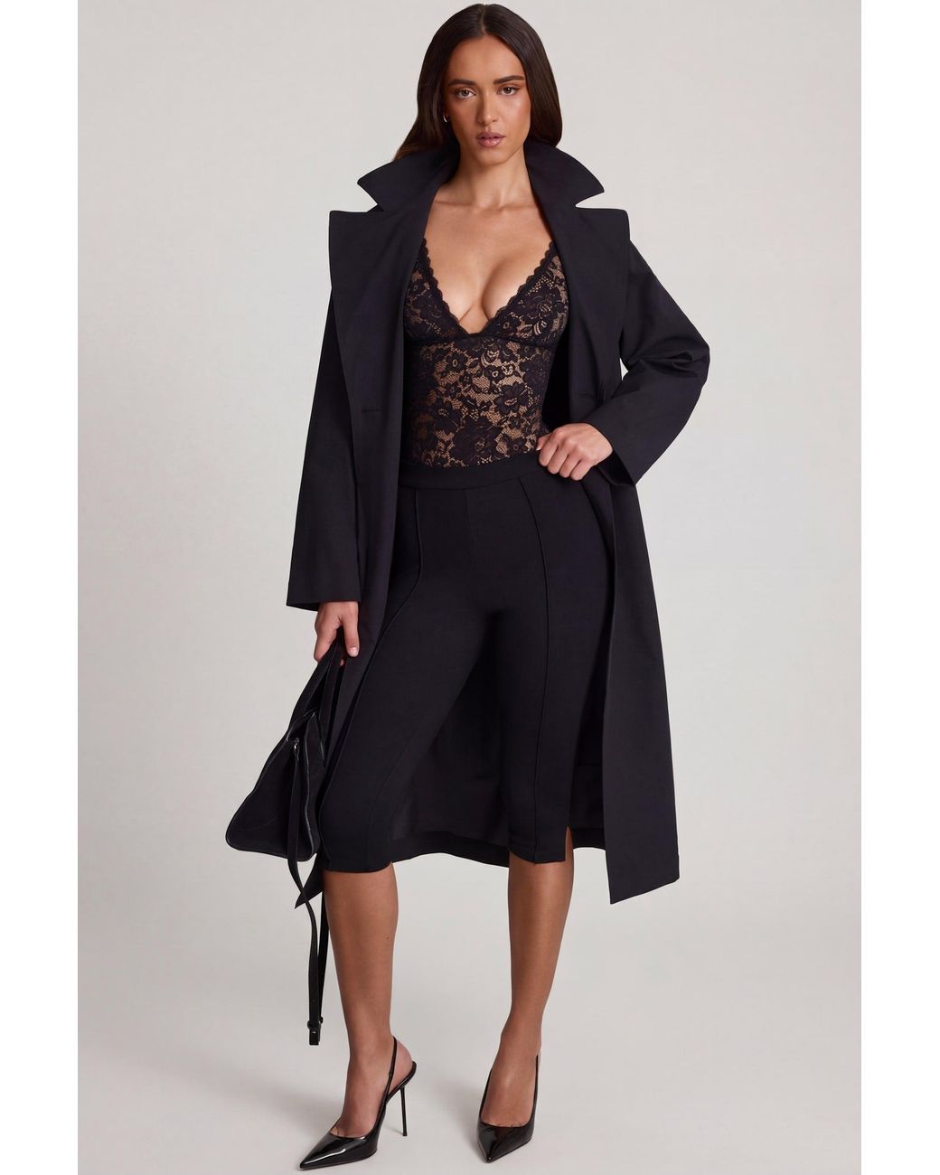Oh Polly Black Sheer Lace Scalloped Plunge-Neck Bodysuit