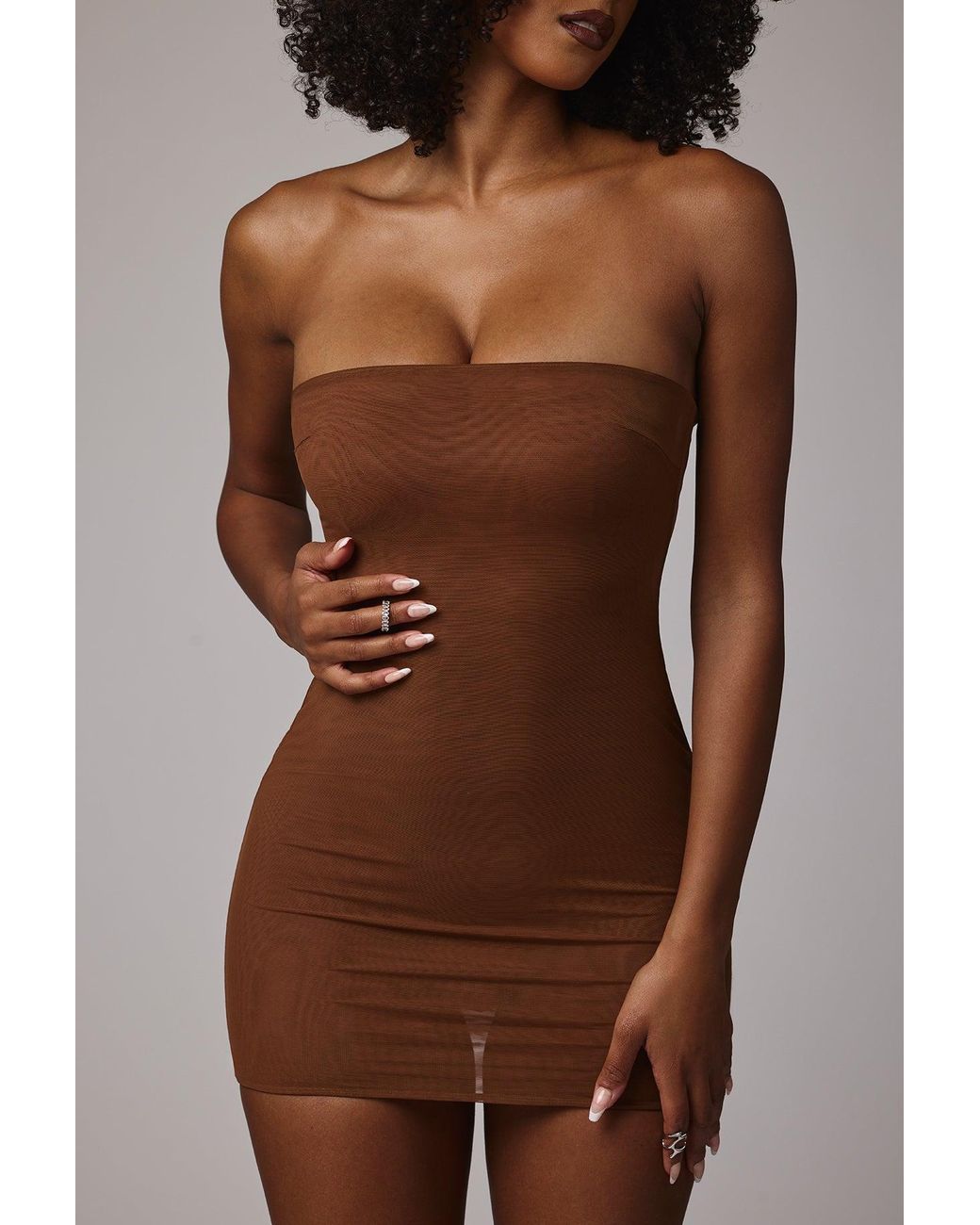 Oh Polly Brown Soft Sheer-Mesh Bandeau Mini Slip Dress