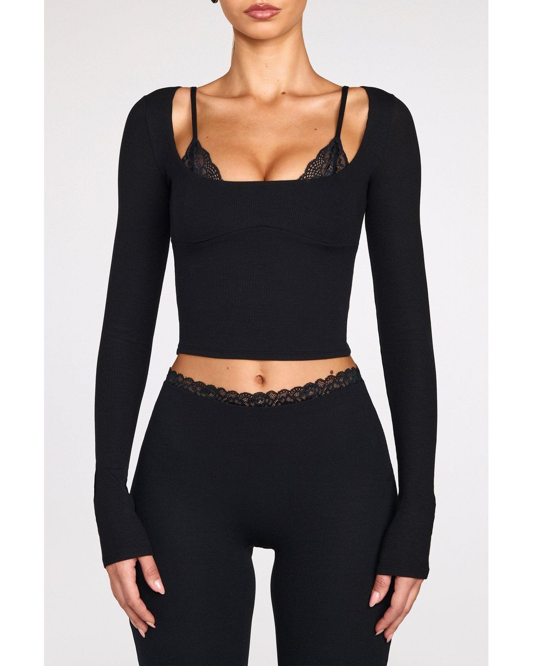 Oh Polly Black Modal Mid-Rise Flared Trousers