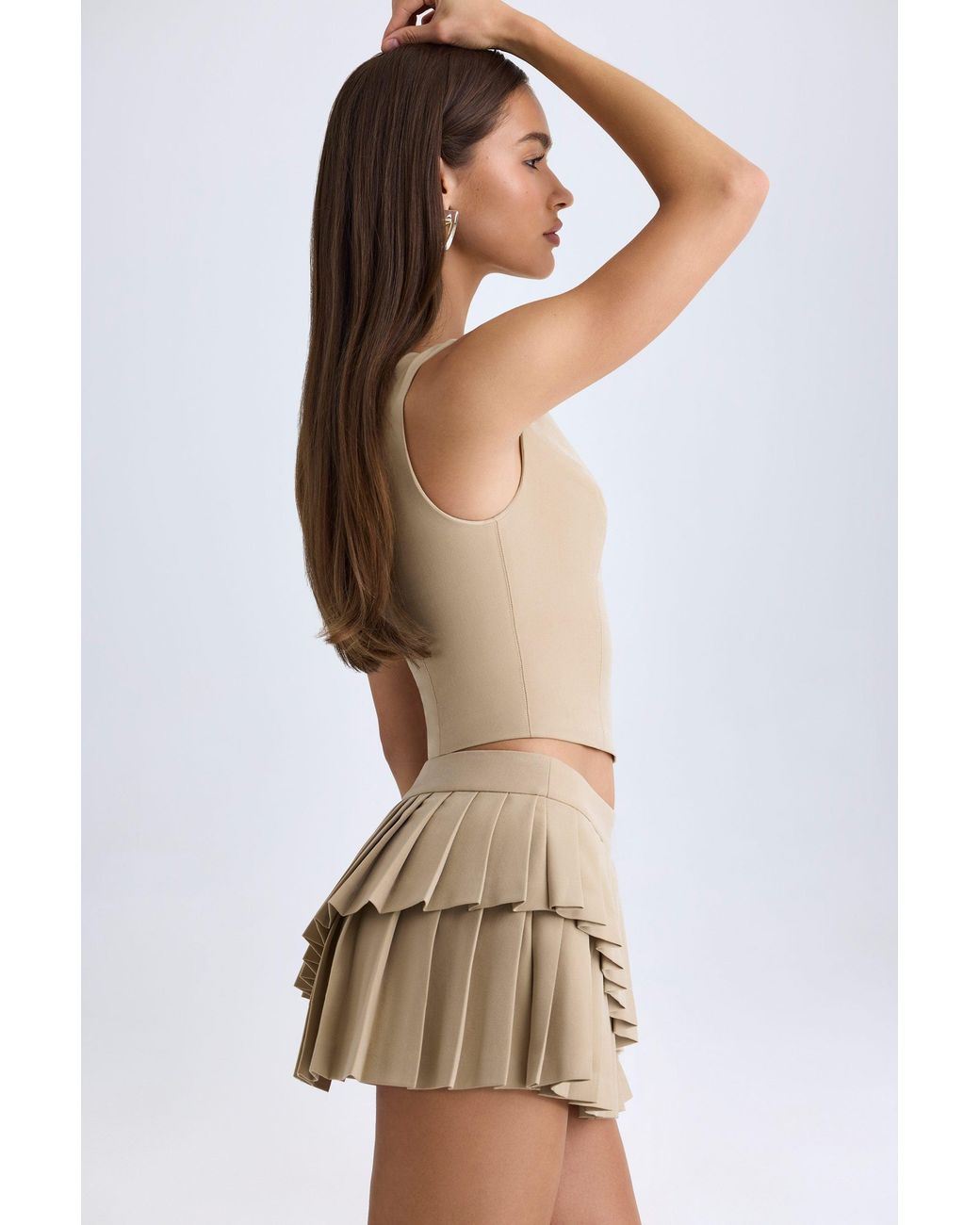 Oh Polly Natural Layered Pleated Low-Rise Mini Skirt