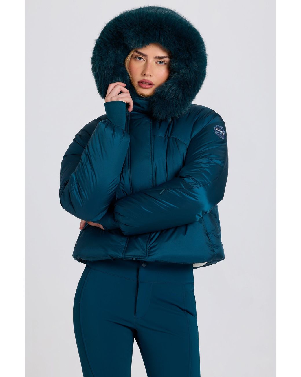 BO+TEE Blue Waterproof Faux-Fur Hood Cropped Ski Jacket